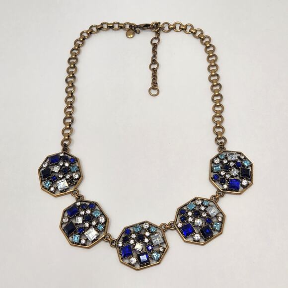 J Crew Gold Tone Blue Rhinestone Panel Chain Necklace Adjustable Art Deco Style - Picture 2 of 5